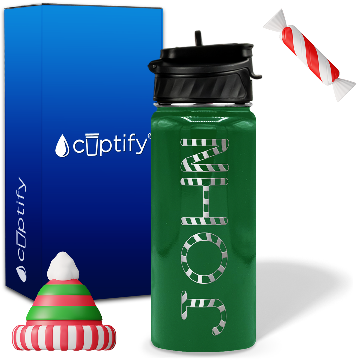 Personalized Candy Canes on 18oz Christmas Water Bottle