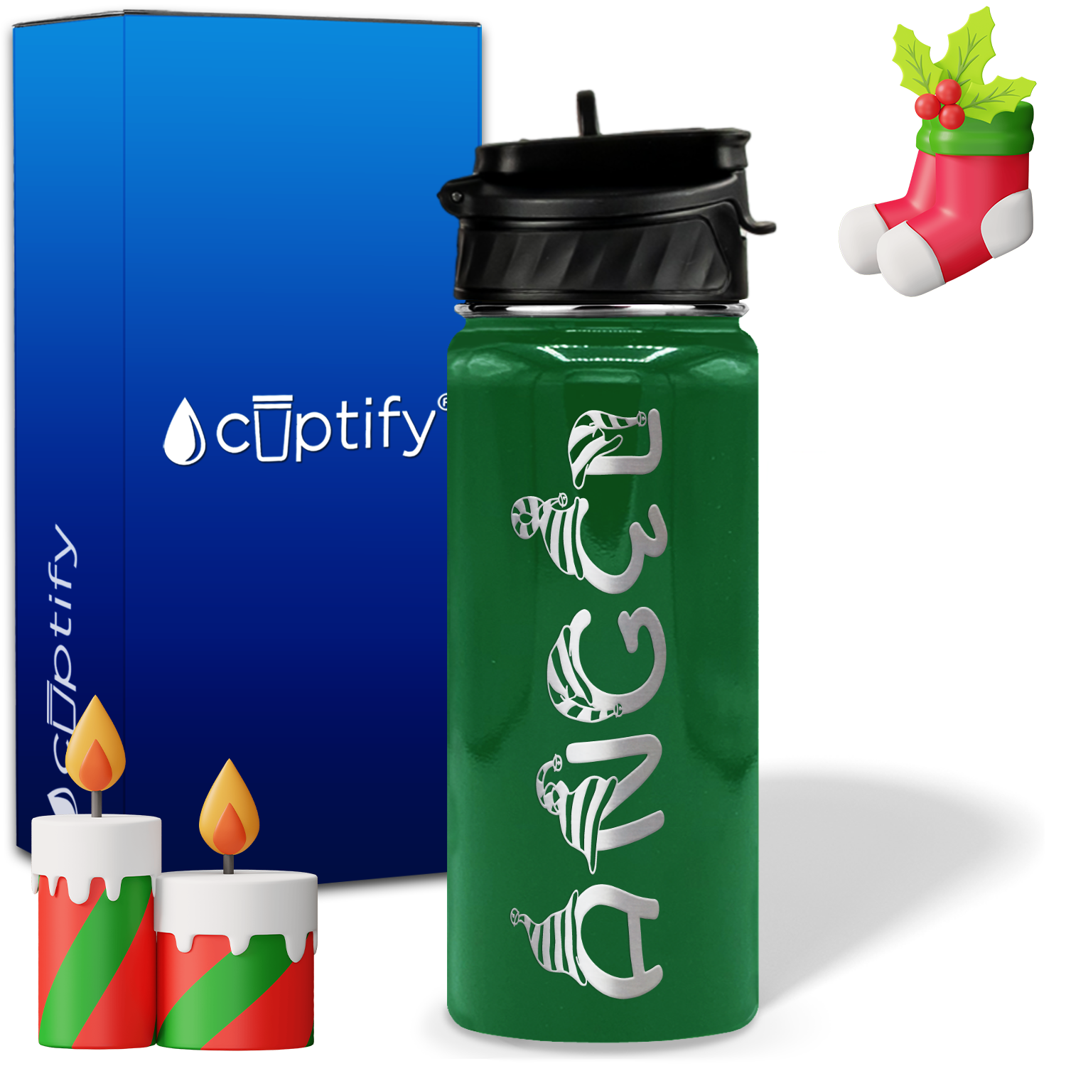 Elfen Christmas Font on 18oz Personalized Water Bottle