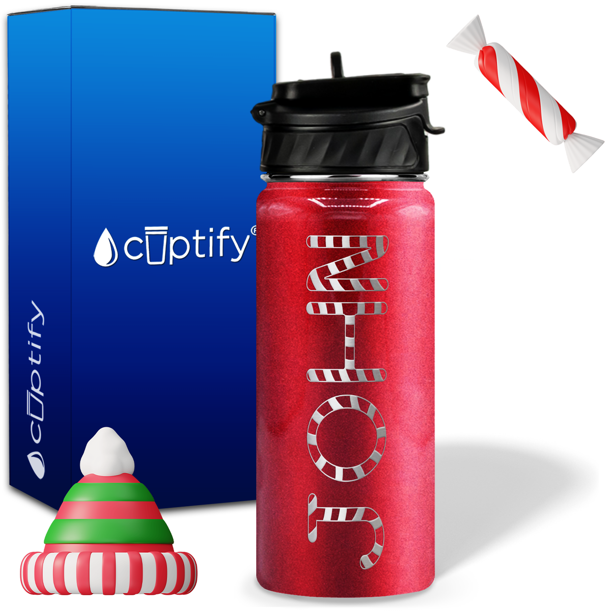 Personalized Candy Canes on 18oz Christmas Water Bottle