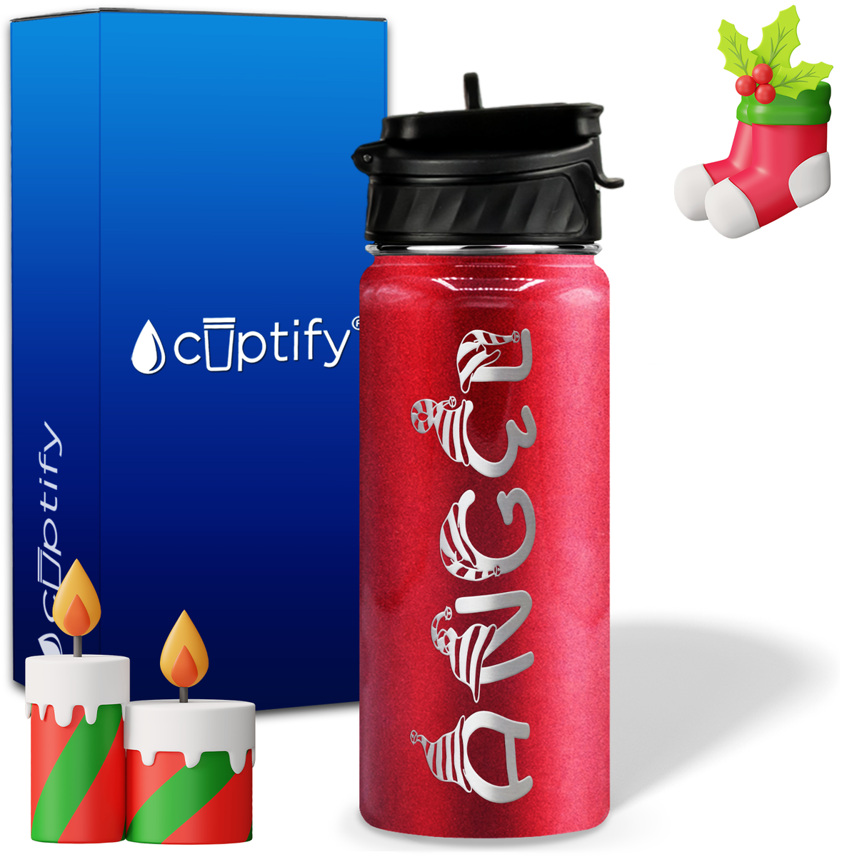 Elfen Christmas Font on 18oz Personalized Water Bottle