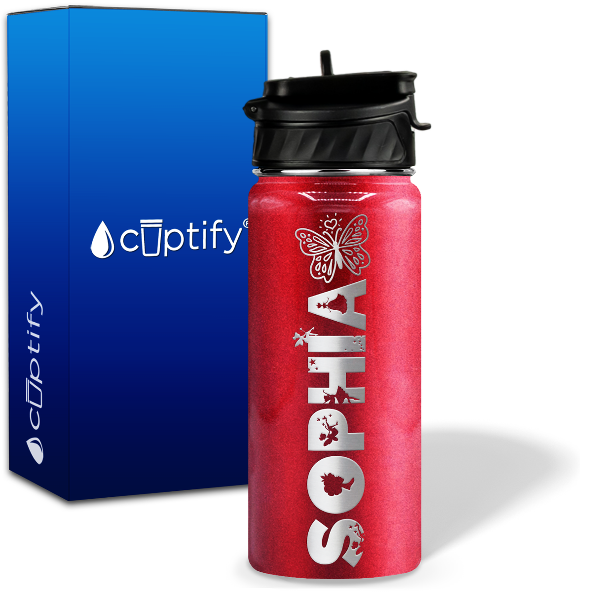 Personalized Heart Butterfly with Name and Icon on 18oz Wide Mouth Kids Water Bottle