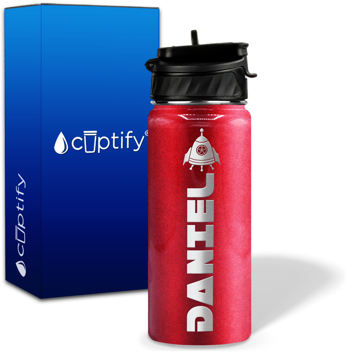 Personalized Space Ship with Name and Icon on 18oz Wide Mouth Kids Water Bottle