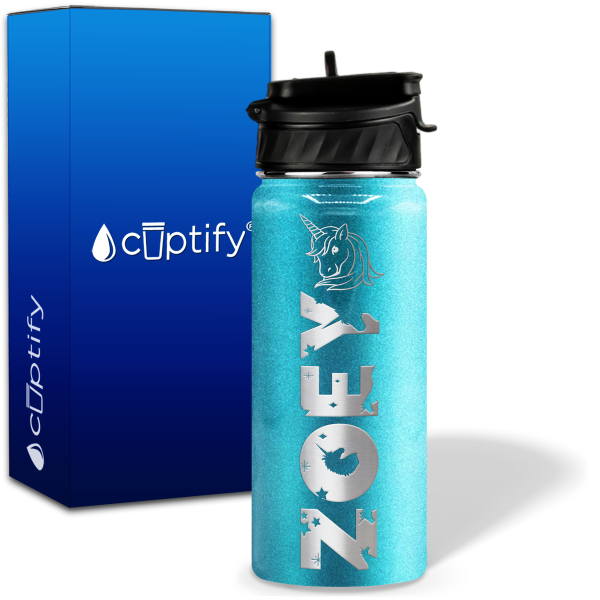 Personalized Unicorn with Name and Icon on 18oz Wide Mouth Kids Water Bottle