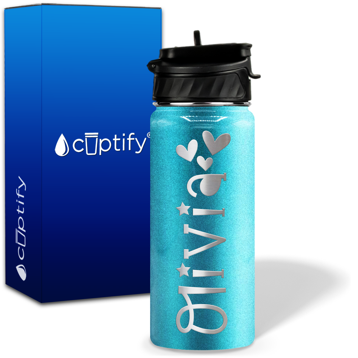 Personalized Hearts with Name and Icon on 18oz Wide Mouth Kids Water Bottle