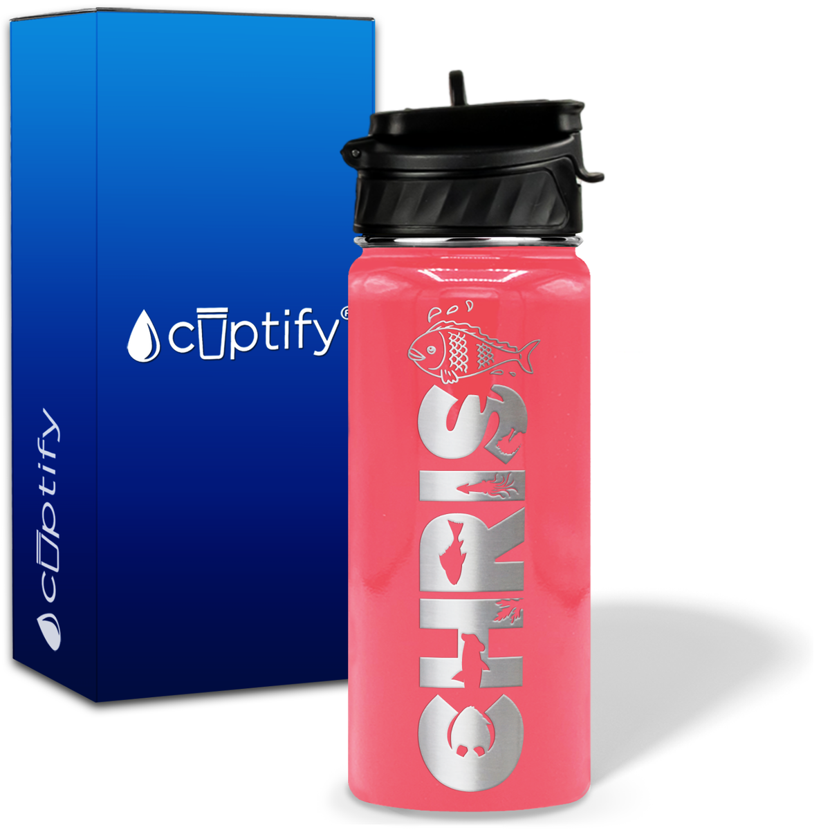 Personalized Fish with Name and Icon on 18oz Wide Mouth Kids Water Bottle