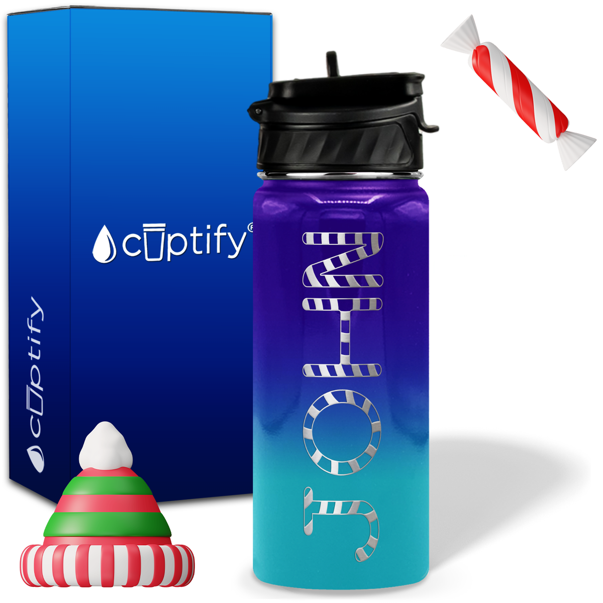 Personalized Candy Canes on 18oz Christmas Water Bottle