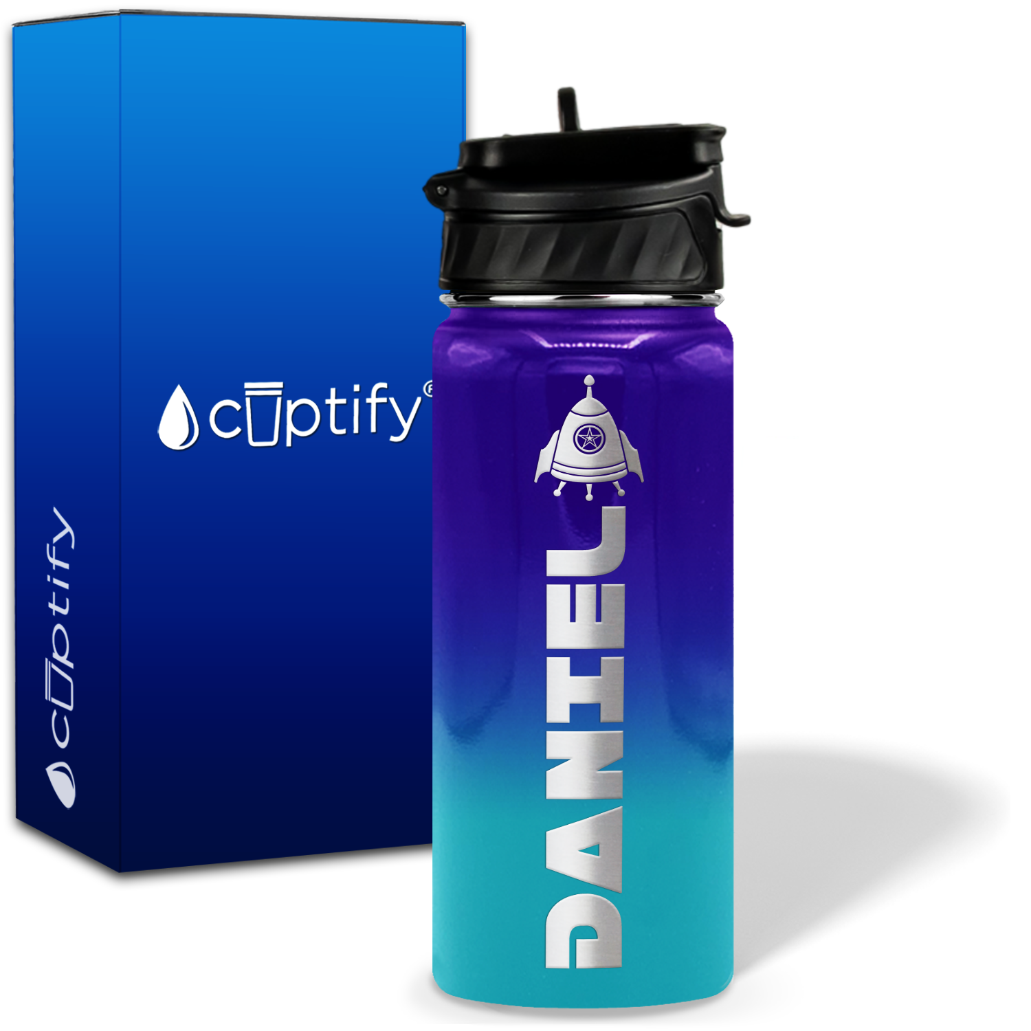 Personalized Space Ship with Name and Icon on 18oz Wide Mouth Kids Water Bottle