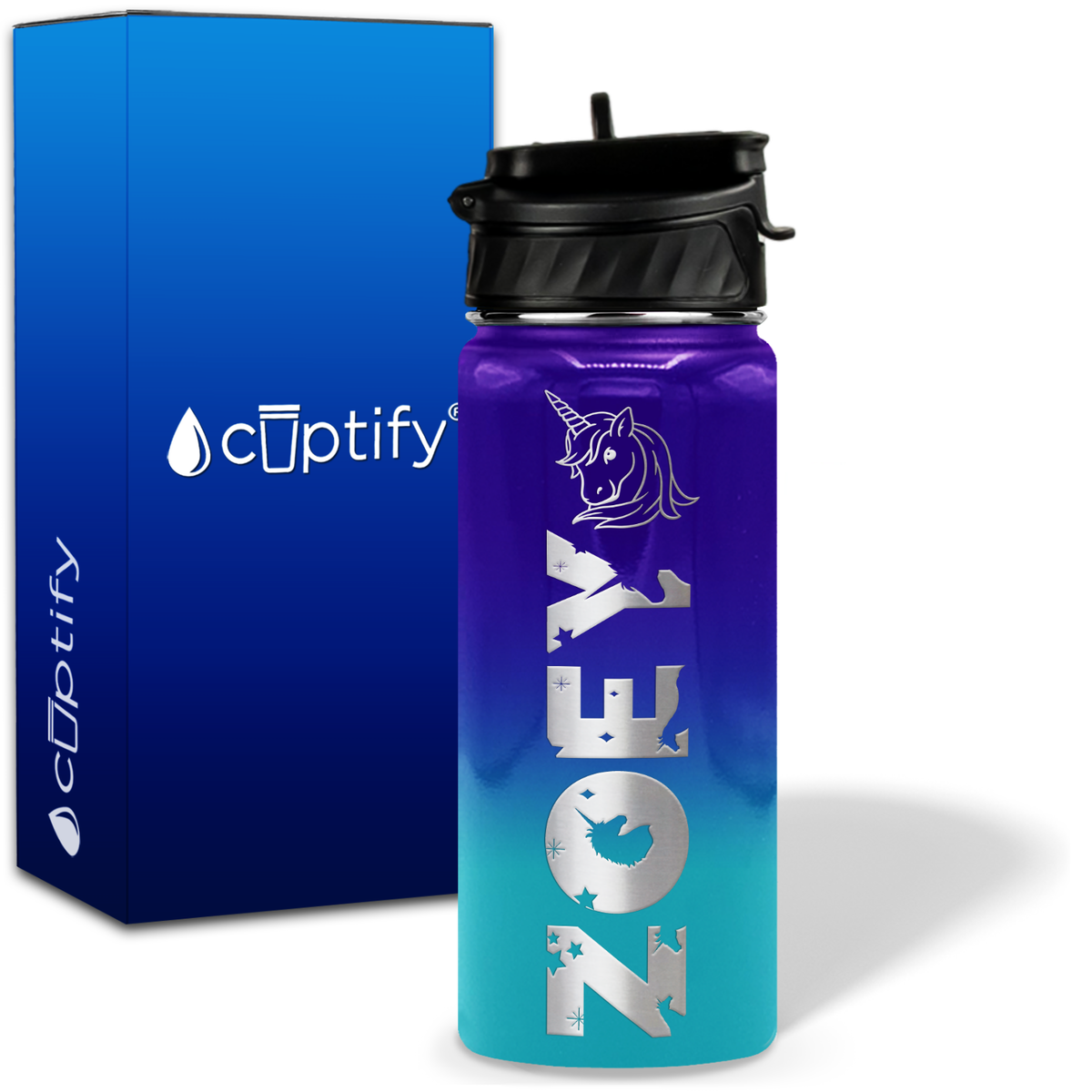 Personalized Unicorn with Name and Icon on 18oz Wide Mouth Kids Water Bottle