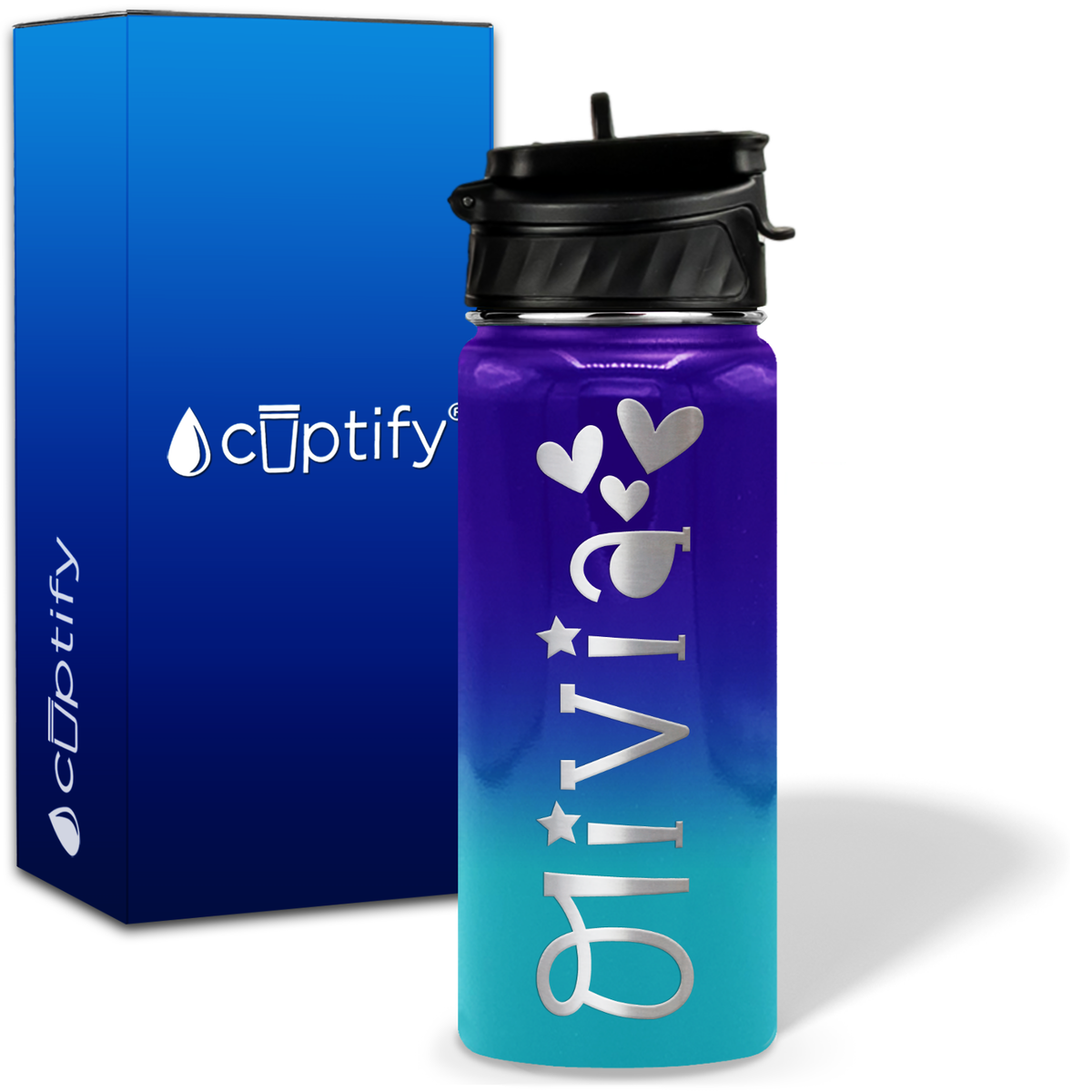 Personalized Hearts with Name and Icon on 18oz Wide Mouth Kids Water Bottle