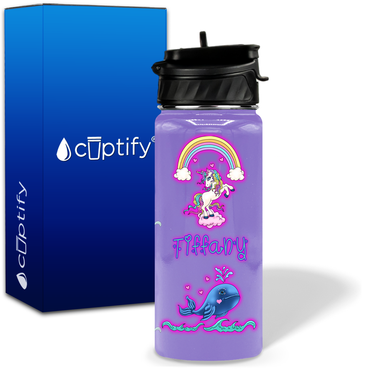 Unicorn Narwhal Love 18oz Personalized Kids Water Bottle