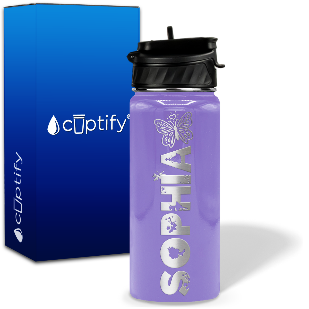 Personalized Heart Butterfly with Name and Icon on 18oz Wide Mouth Kids Water Bottle