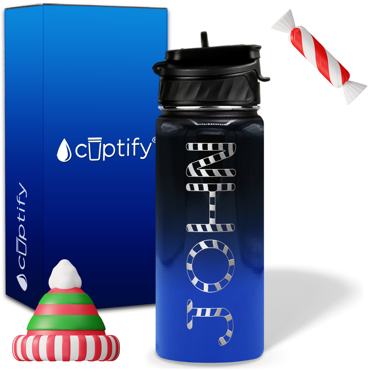 Personalized Candy Canes on 18oz Christmas Water Bottle