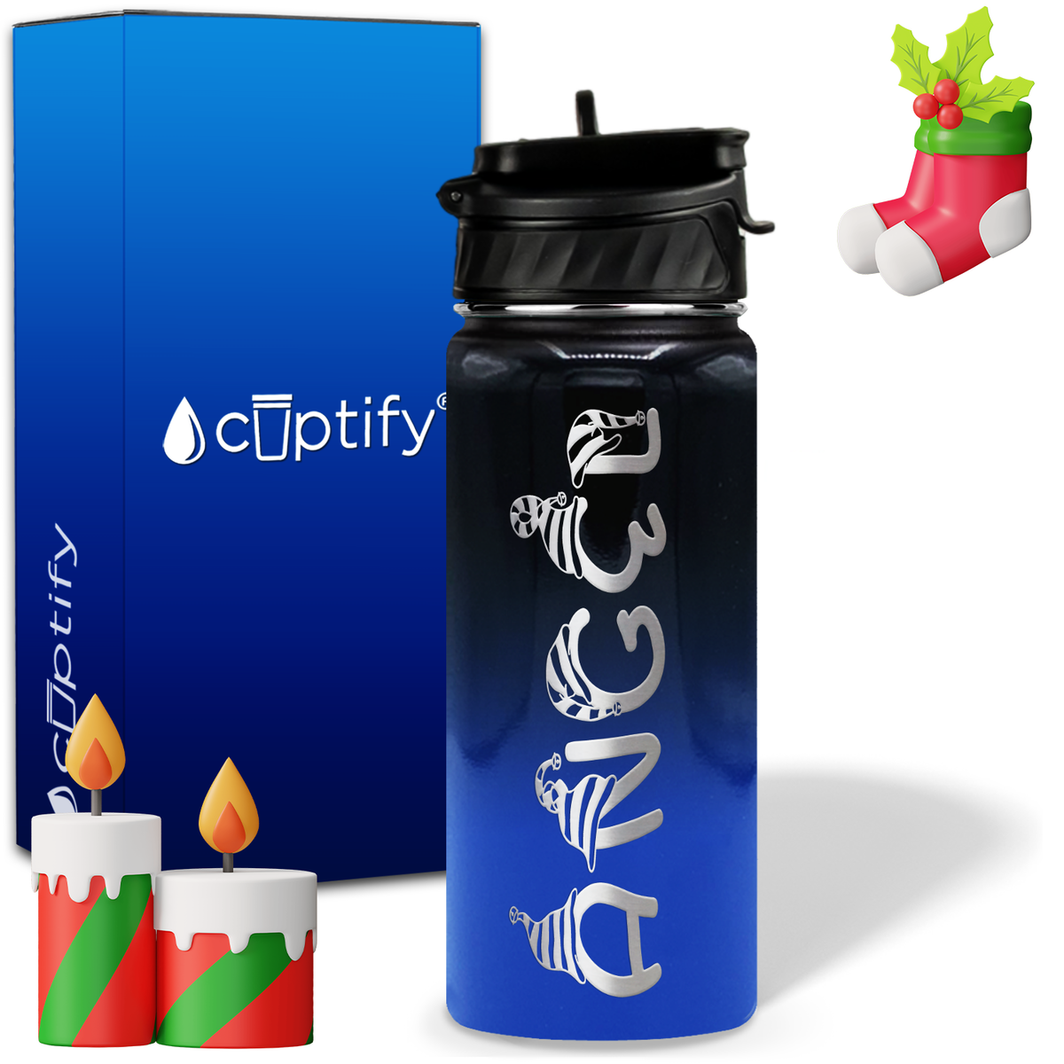 Elfen Christmas Font on 18oz Personalized Water Bottle