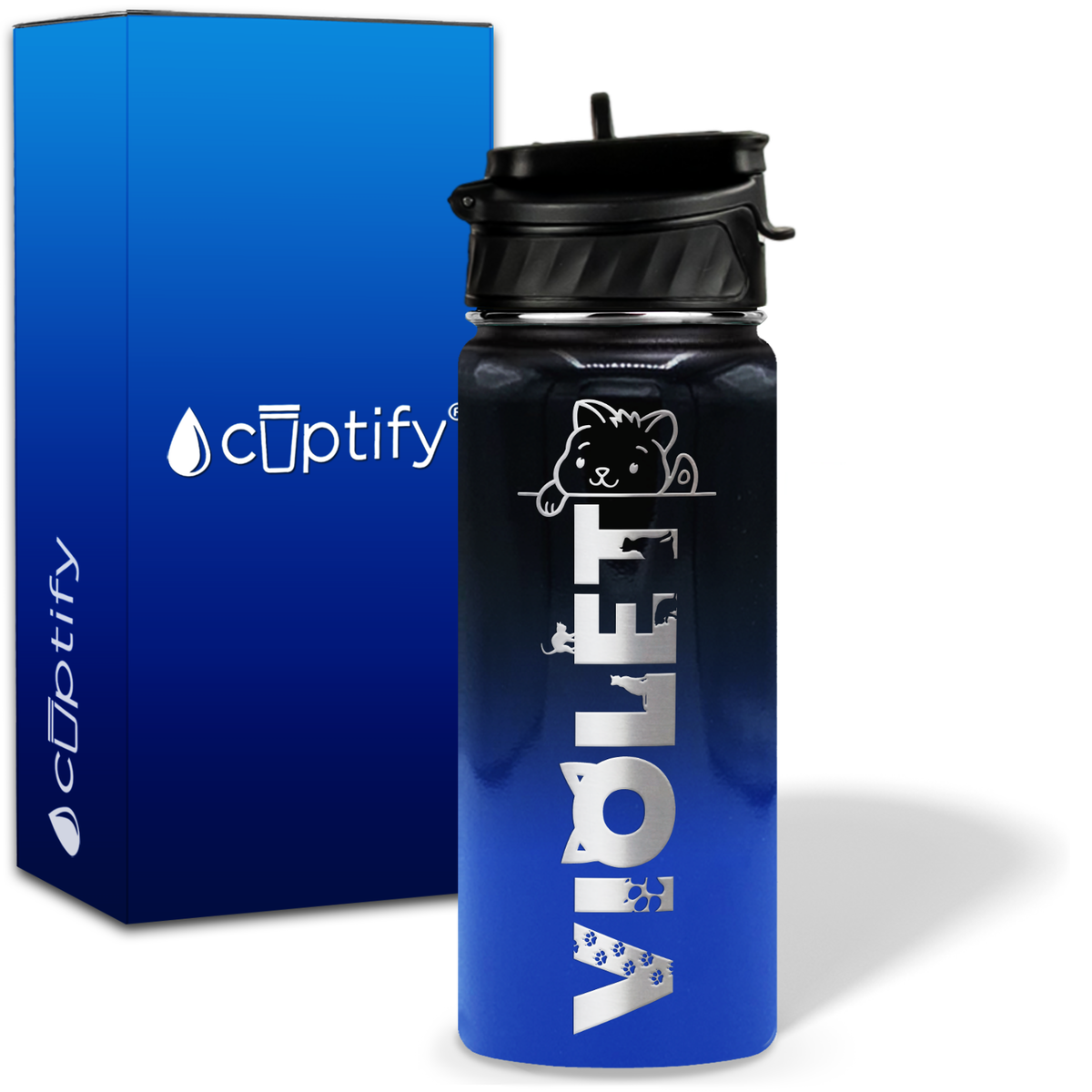 Personalized Cat Waving with Name and Icon on 18oz Wide Mouth Kids Water Bottle