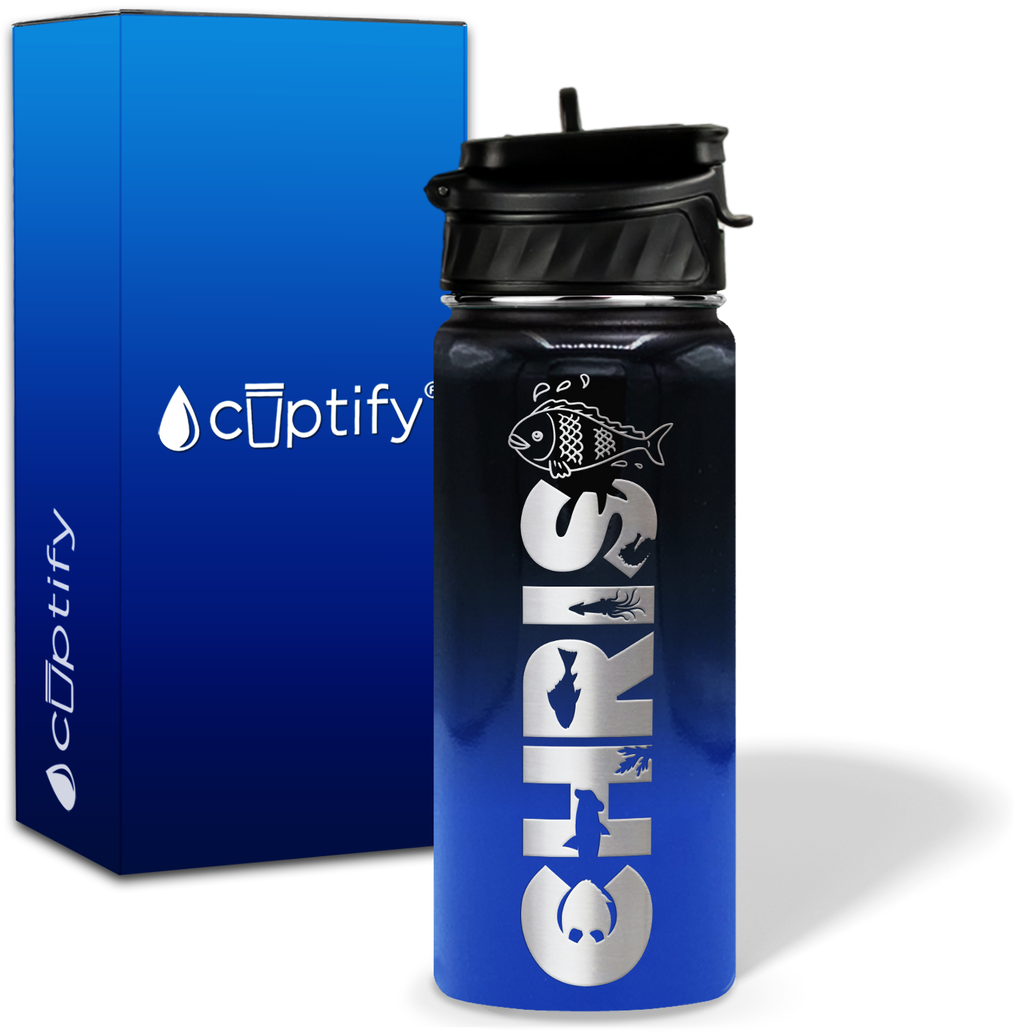 Personalized Fish with Name and Icon on 18oz Wide Mouth Kids Water Bottle