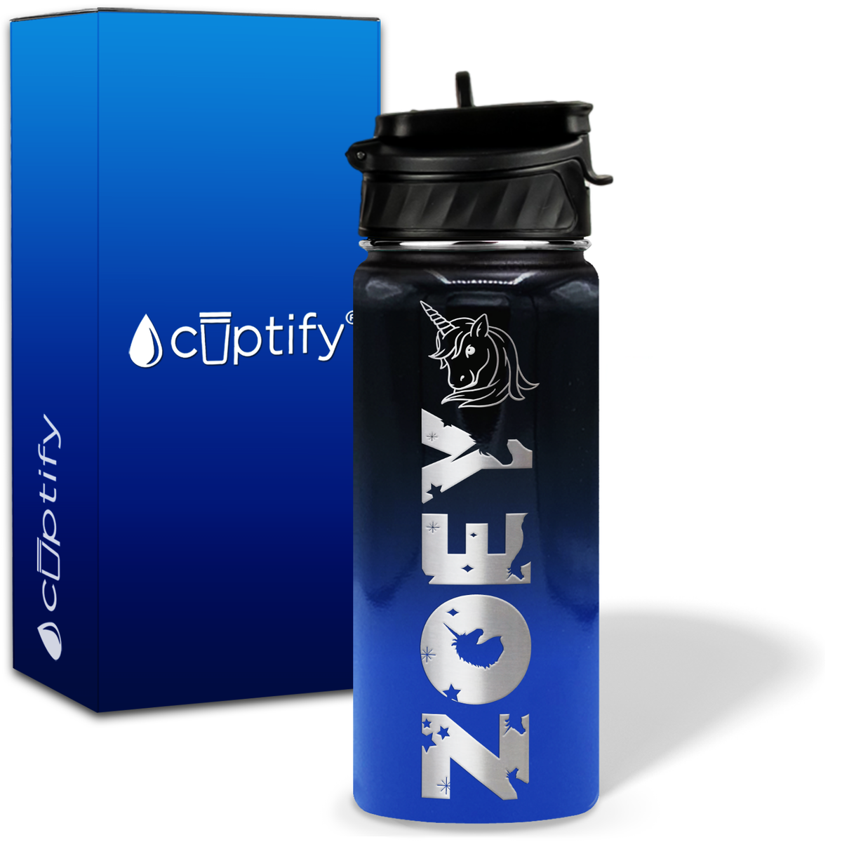 Personalized Unicorn with Name and Icon on 18oz Wide Mouth Kids Water Bottle