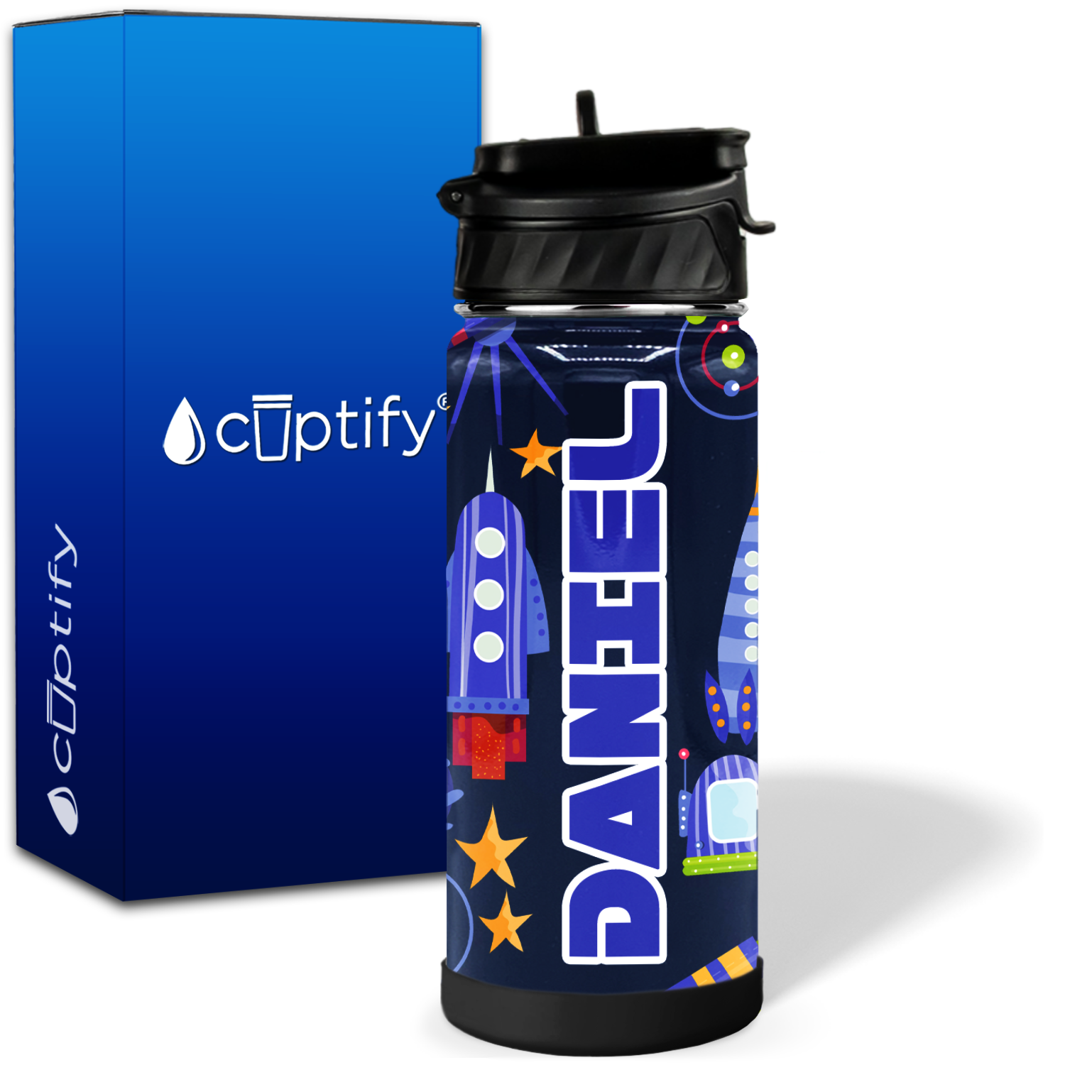 Personalized Rockets Stars and Space 18oz Wide Mouth Kids Water Bottle