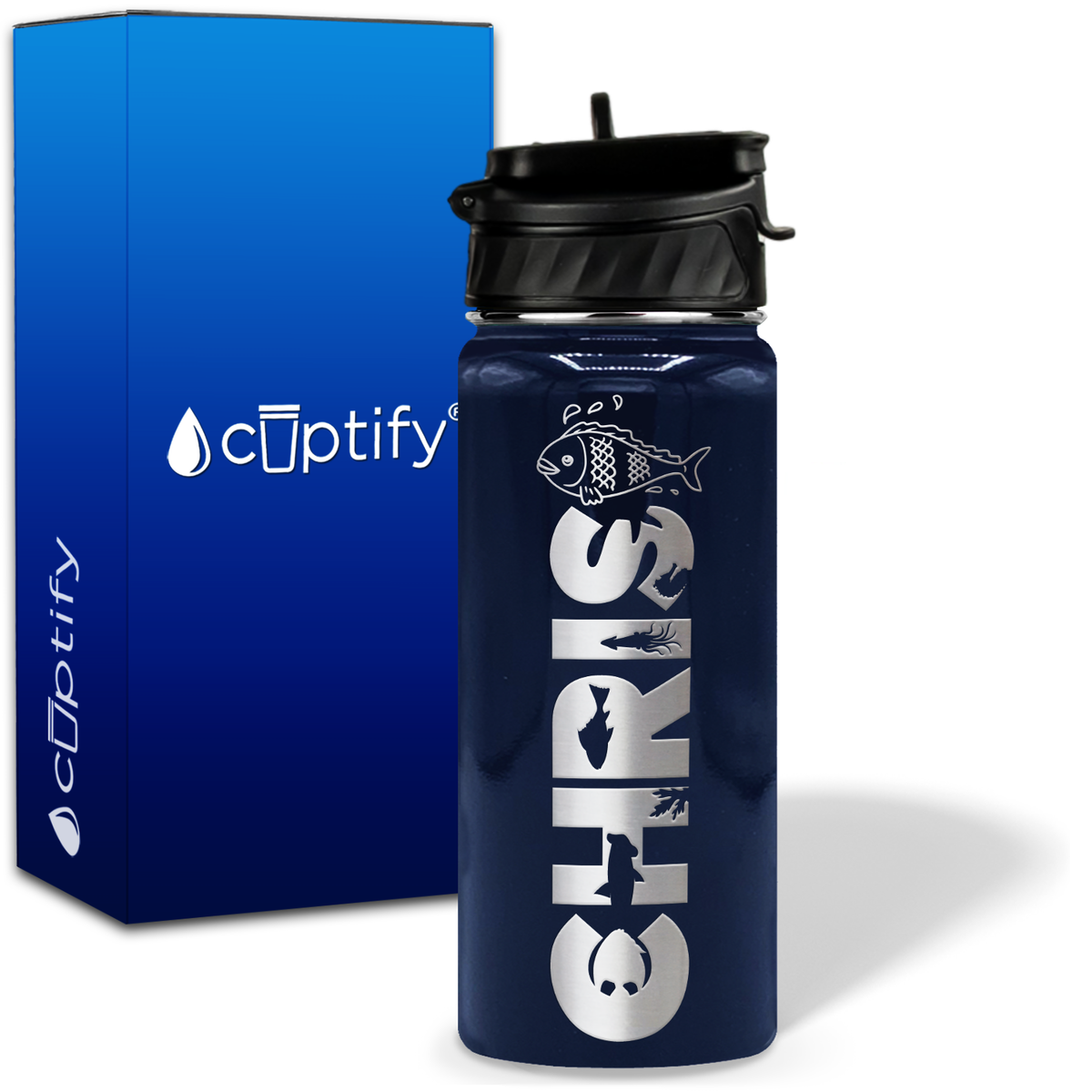 Personalized Fish with Name and Icon on 18oz Wide Mouth Kids Water Bottle