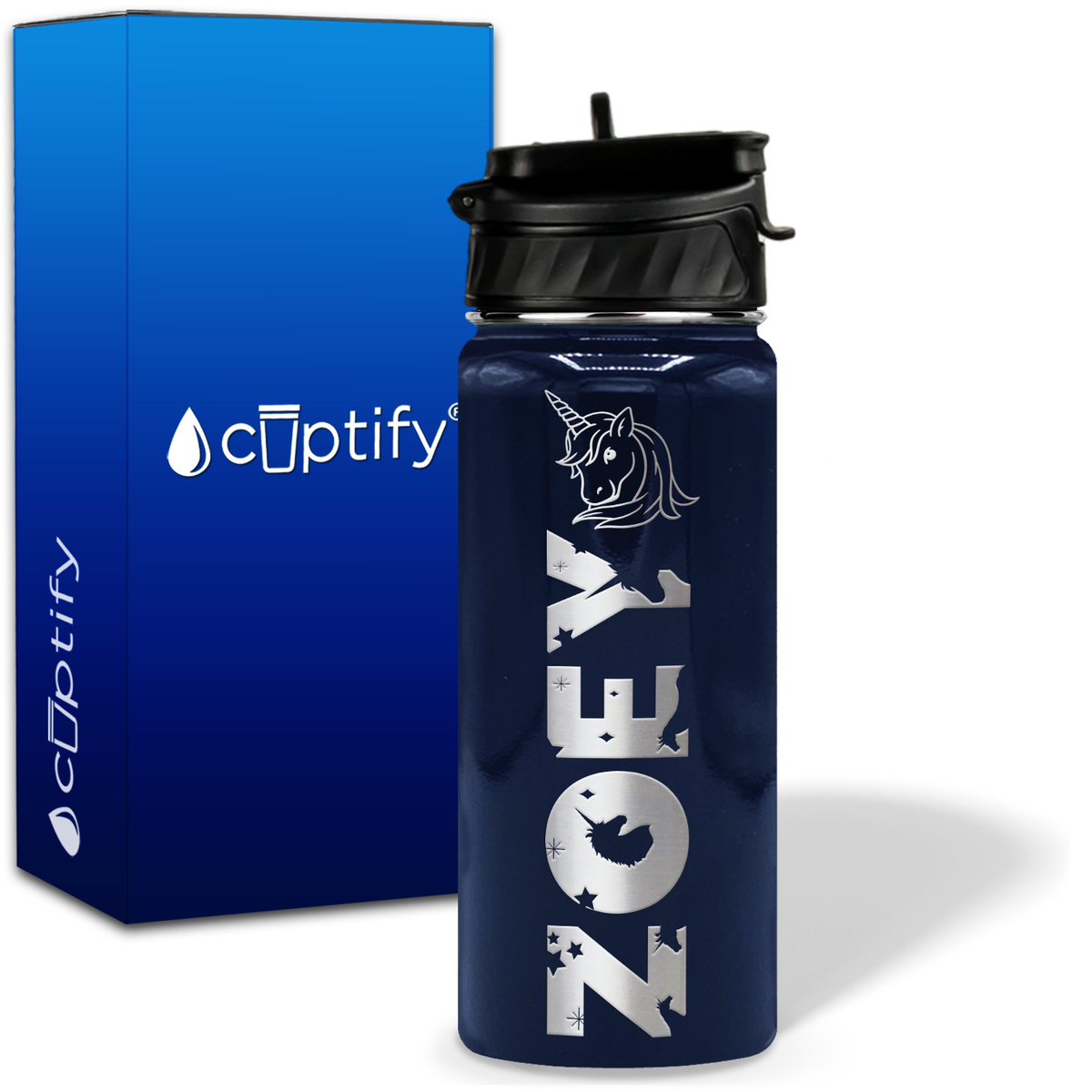 Personalized Unicorn with Name and Icon on 18oz Wide Mouth Kids Water Bottle