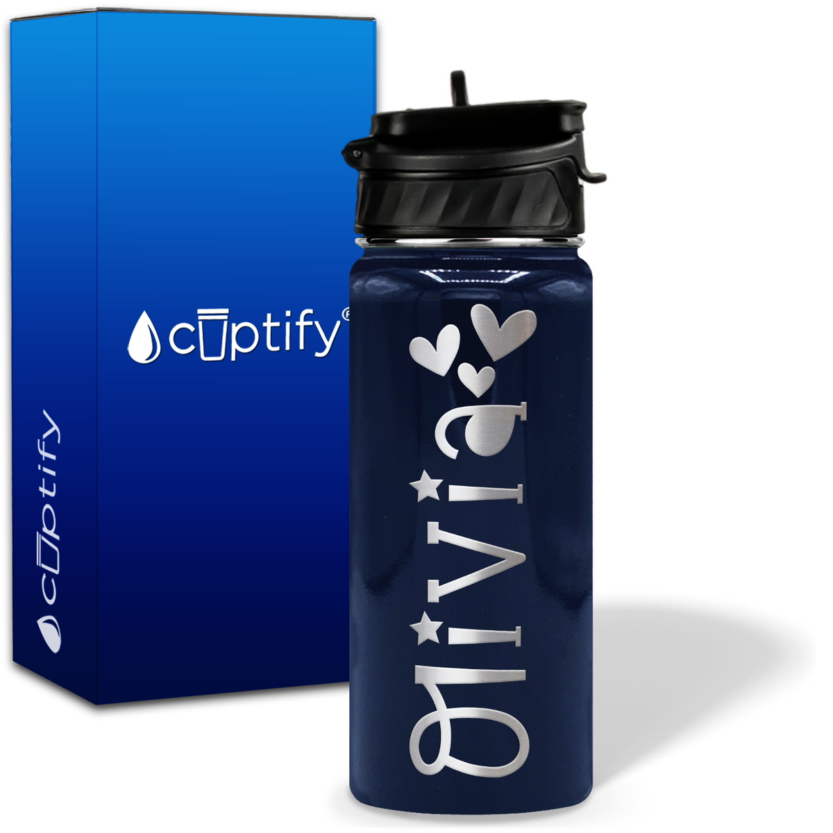 Personalized Hearts with Name and Icon on 18oz Wide Mouth Kids Water Bottle