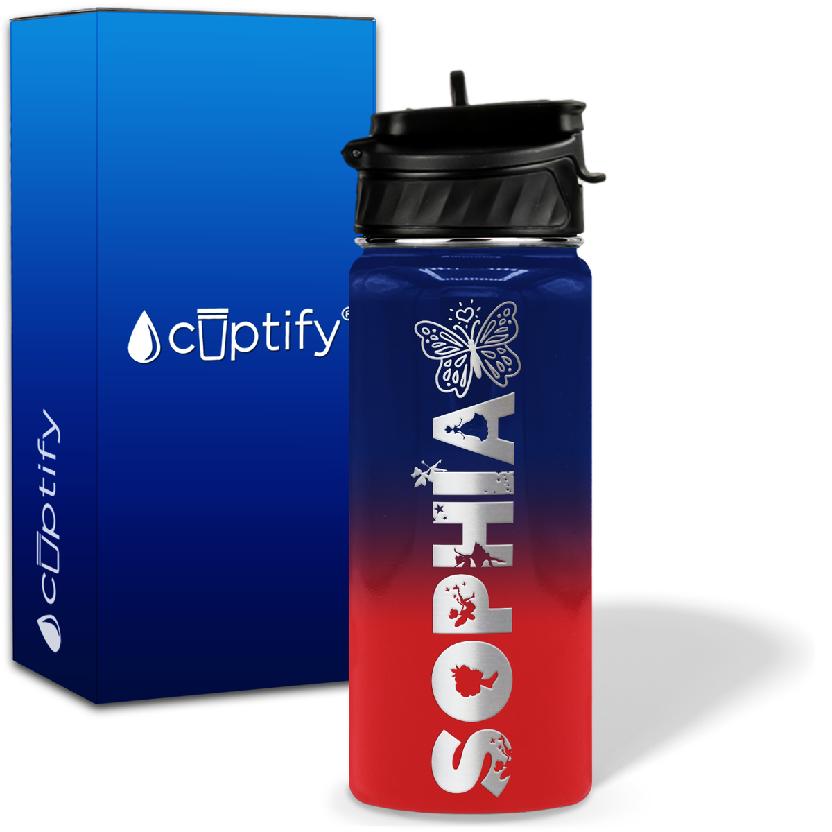 Personalized Heart Butterfly with Name and Icon on 18oz Wide Mouth Kids Water Bottle