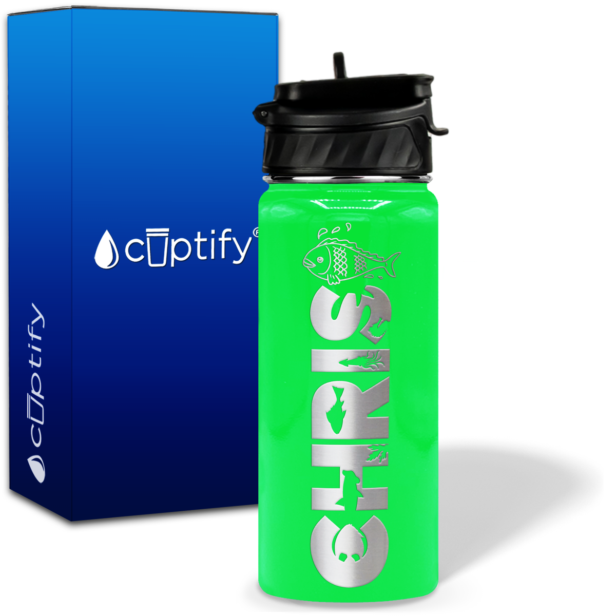 Personalized Fish with Name and Icon on 18oz Wide Mouth Kids Water Bottle