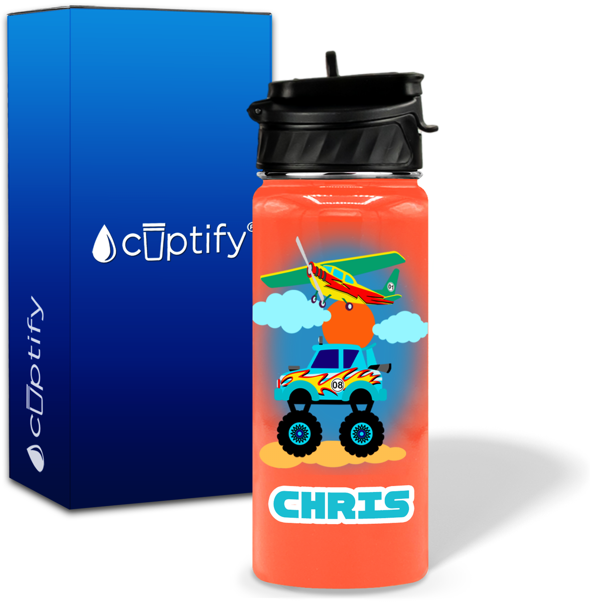 Blue Monster Truck and Airplane 18oz Personalized Kids Water Bottle