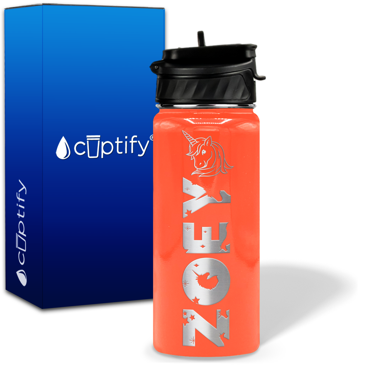 Personalized Unicorn with Name and Icon on 18oz Wide Mouth Kids Water Bottle