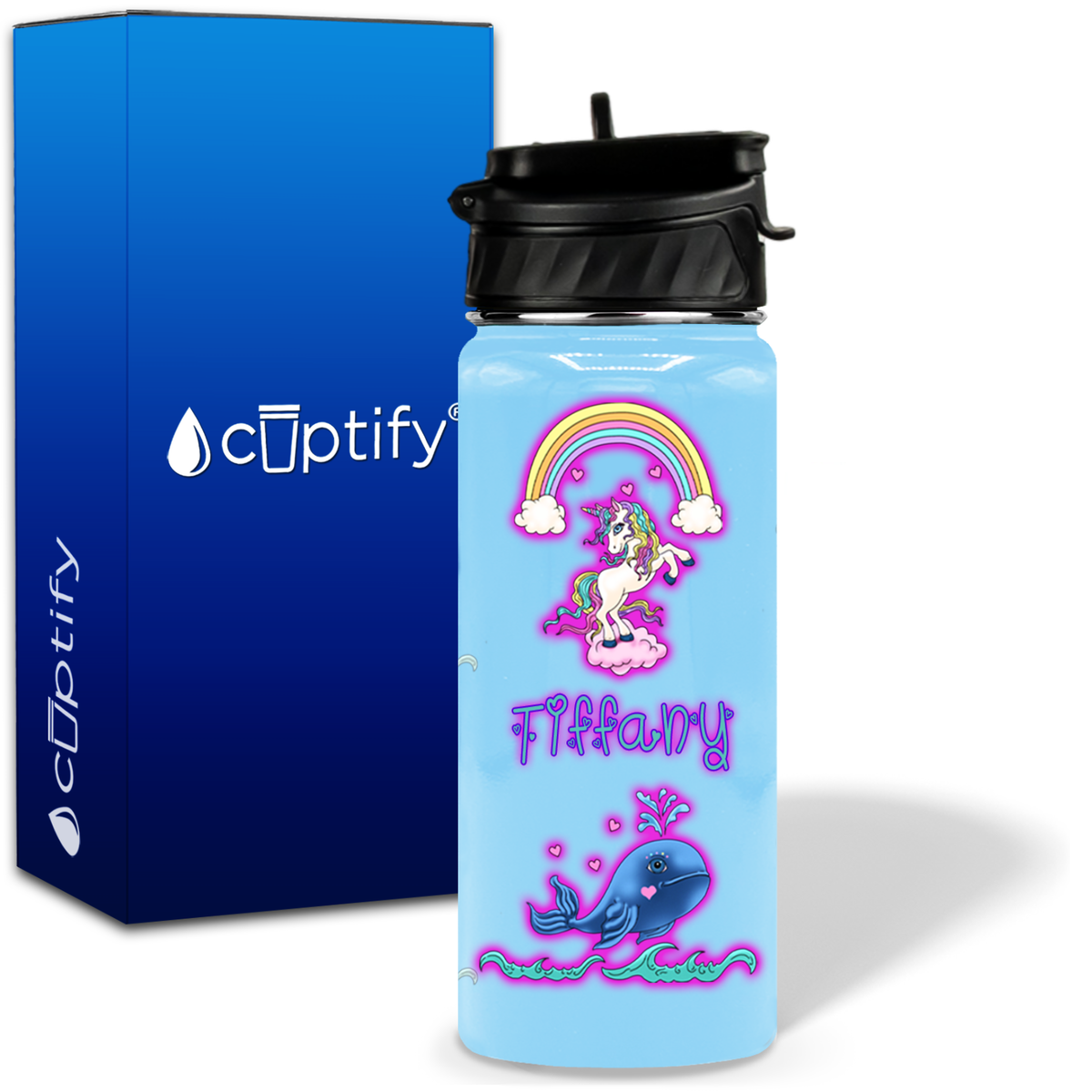 Unicorn Narwhal Love 18oz Personalized Kids Water Bottle