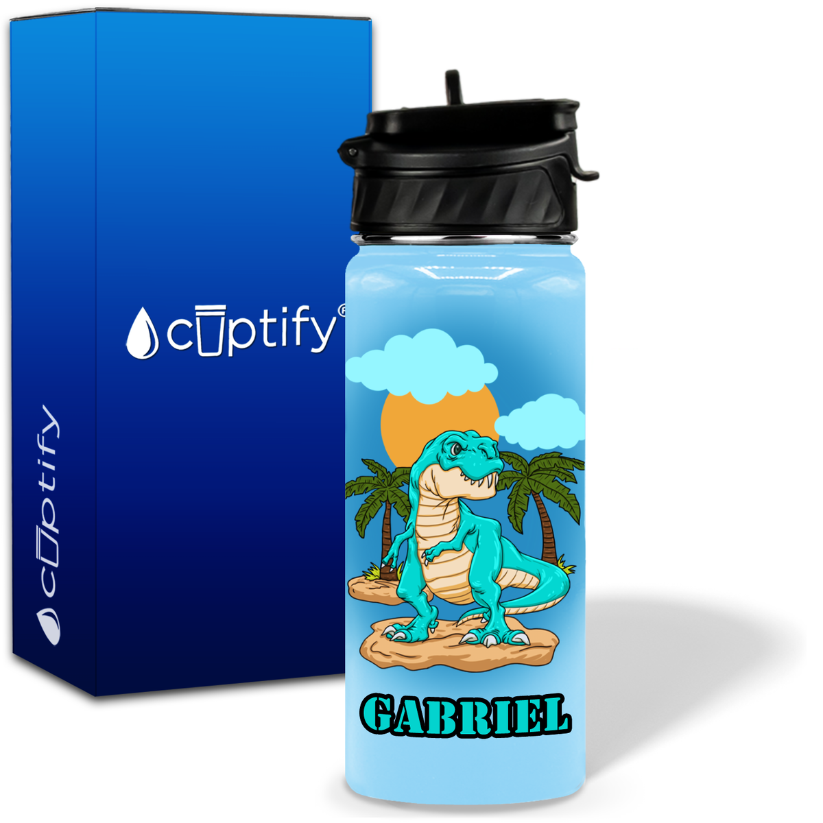 Blue Dinosaur T-Rex 18oz Personalized Kids Water Bottle