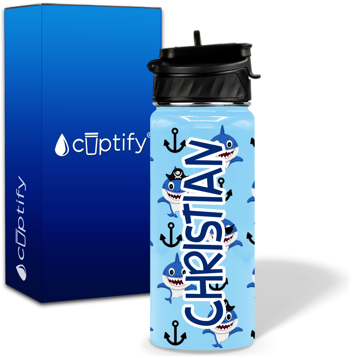 Pirate Shark 18oz Personalized Kids Water Bottle