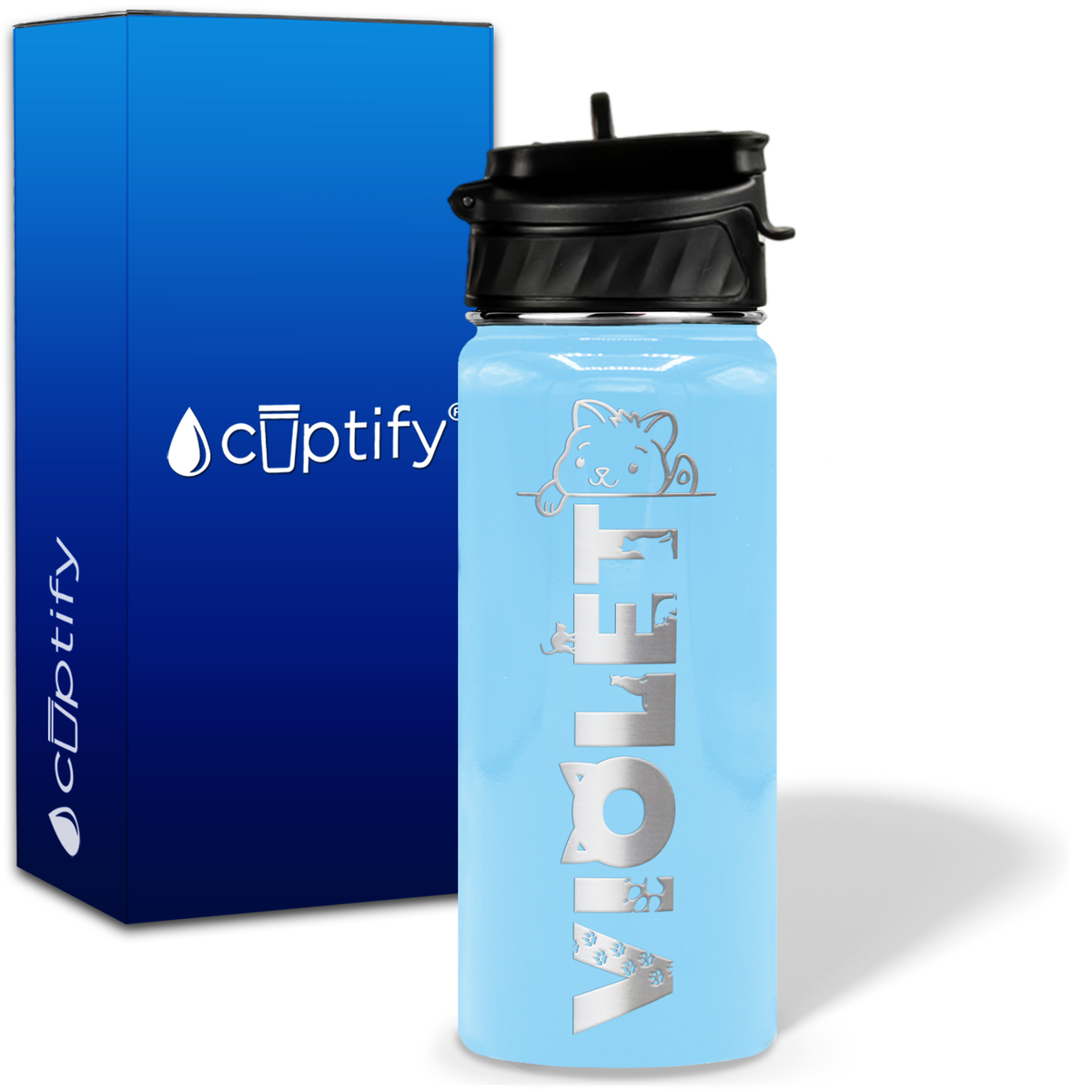 Personalized Cat Waving with Name and Icon on 18oz Wide Mouth Kids Water Bottle