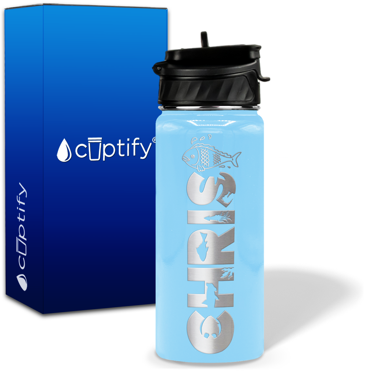 Personalized Fish with Name and Icon on 18oz Wide Mouth Kids Water Bottle