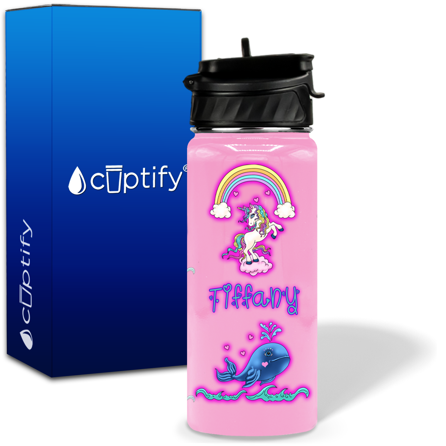 Unicorn Narwhal Love 18oz Personalized Kids Water Bottle