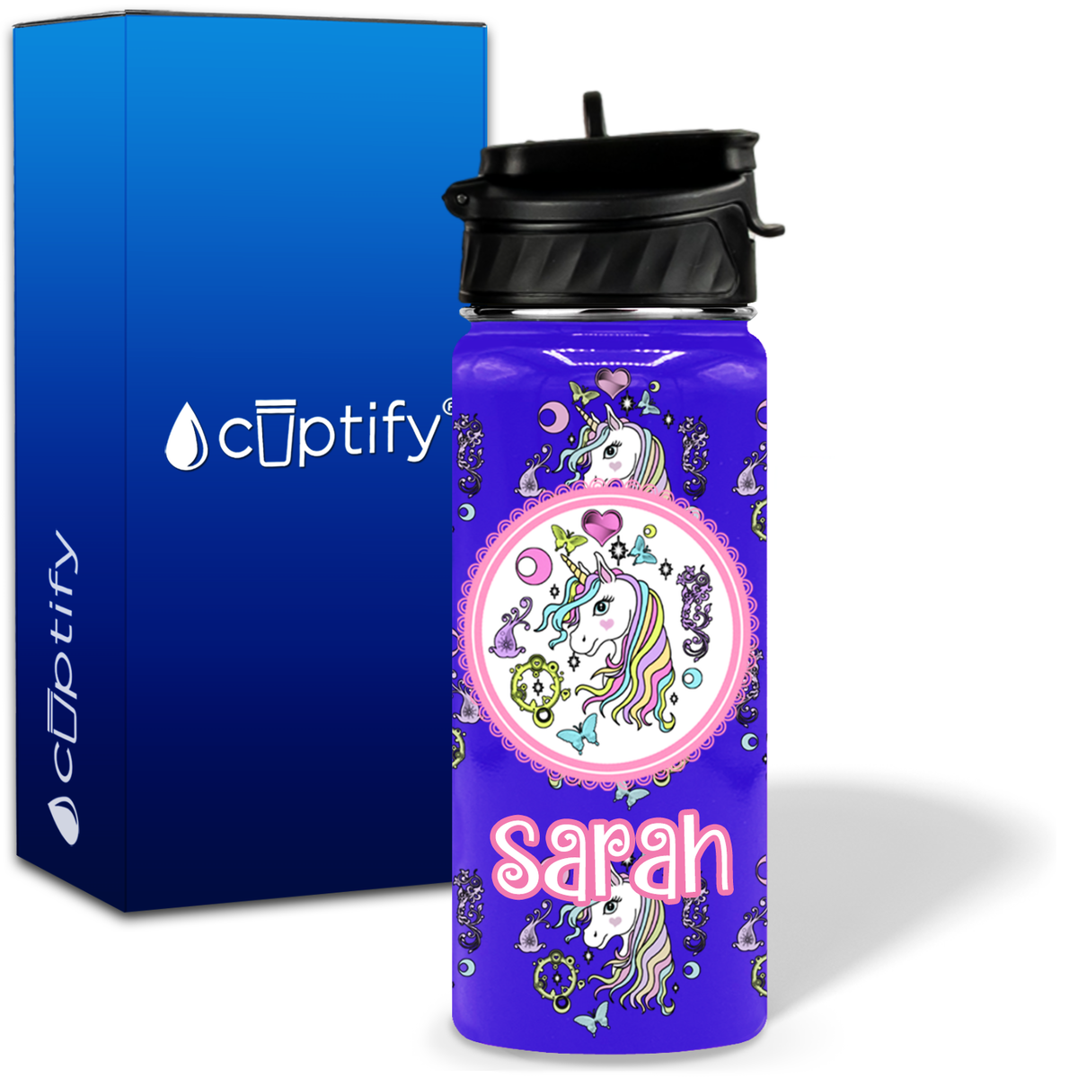 Pretty Unicorn 18oz Personalized Kids Water Bottle