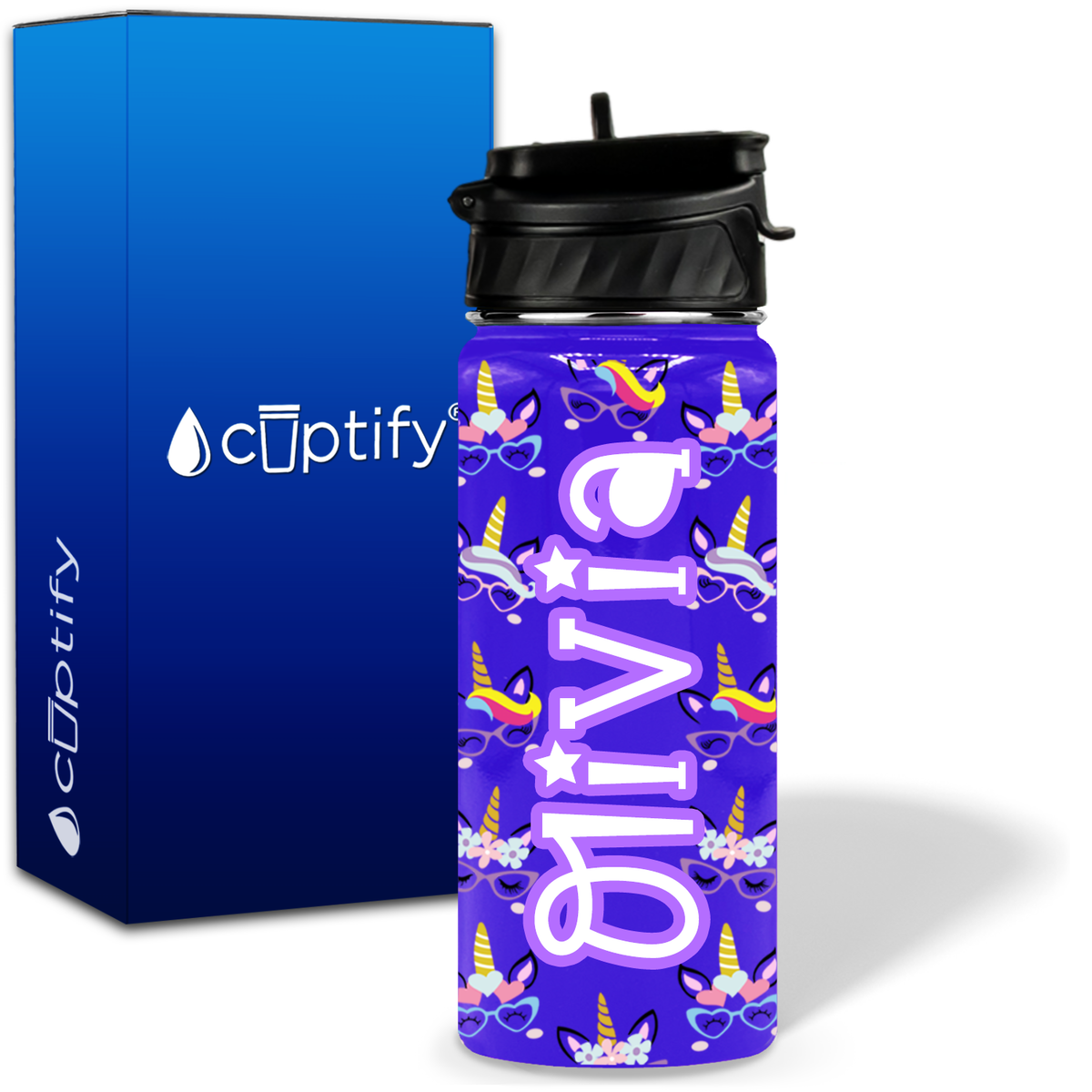 Unicorn Glasses 18oz Personalized Kids Water Bottle