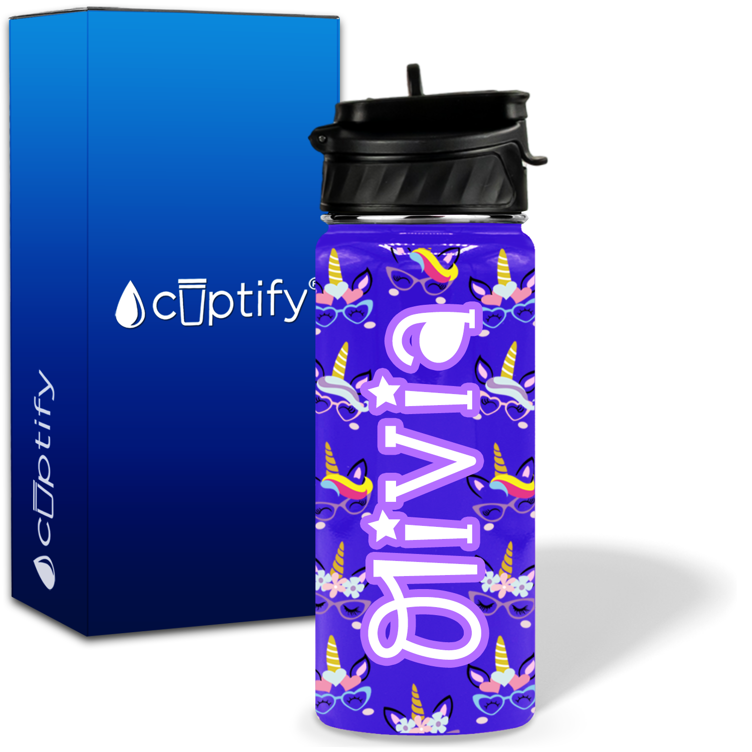 Unicorn Glasses 18oz Personalized Kids Water Bottle