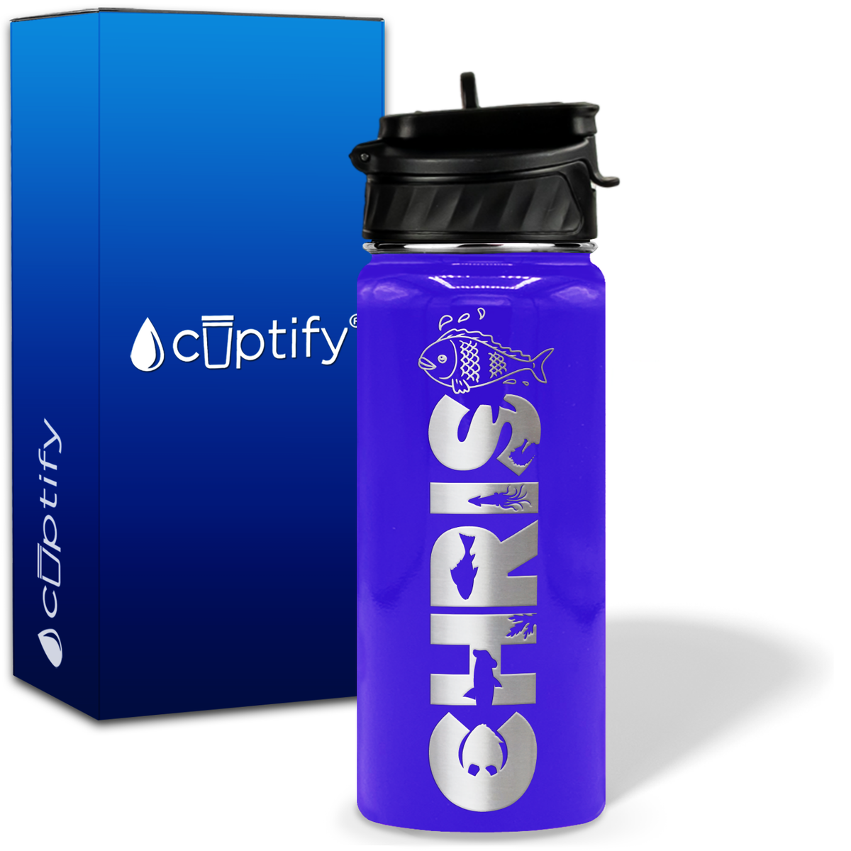 Personalized Fish with Name and Icon on 18oz Wide Mouth Kids Water Bottle