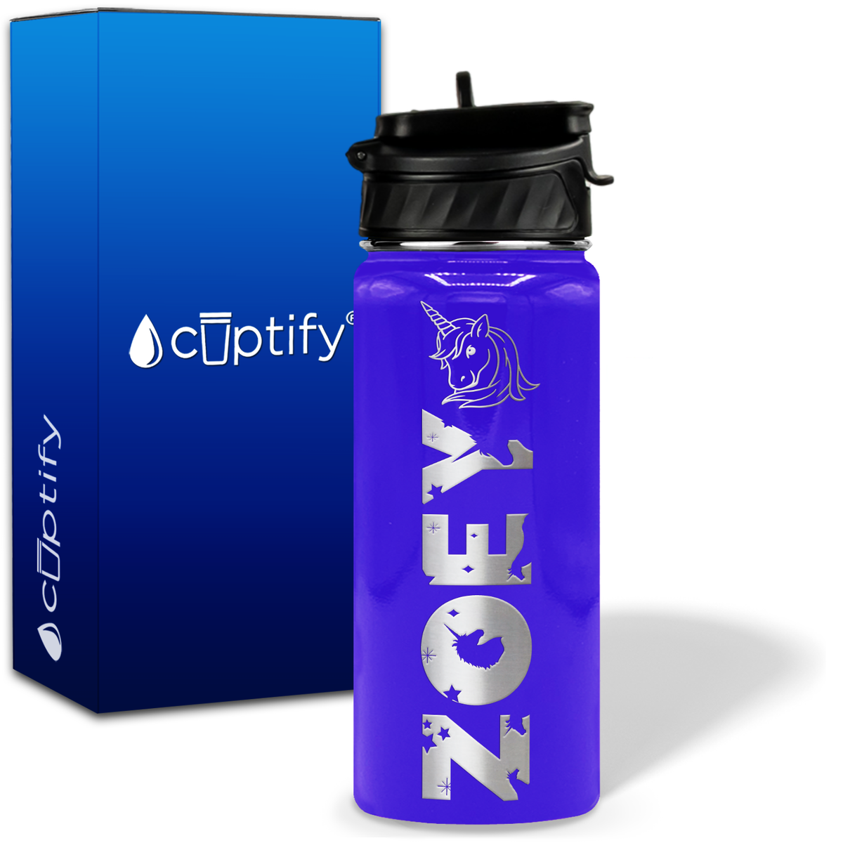 Personalized Unicorn with Name and Icon on 18oz Wide Mouth Kids Water Bottle