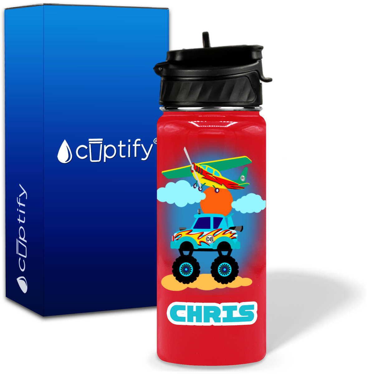 Blue Monster Truck and Airplane 18oz Personalized Kids Water Bottle