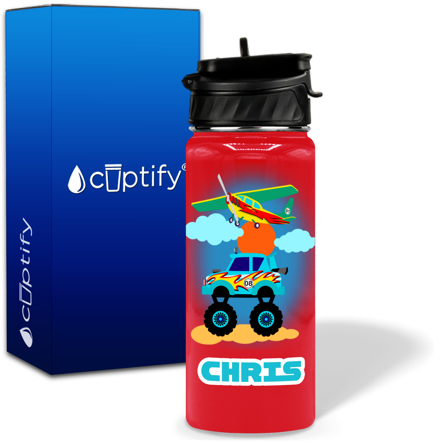 Blue Monster Truck and Airplane 18oz Personalized Kids Water Bottle
