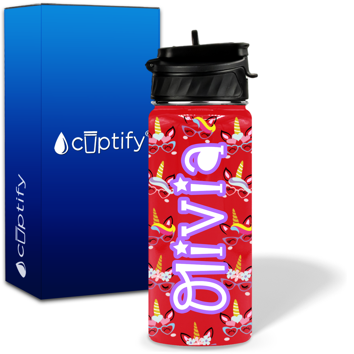 Unicorn Glasses 18oz Personalized Kids Water Bottle