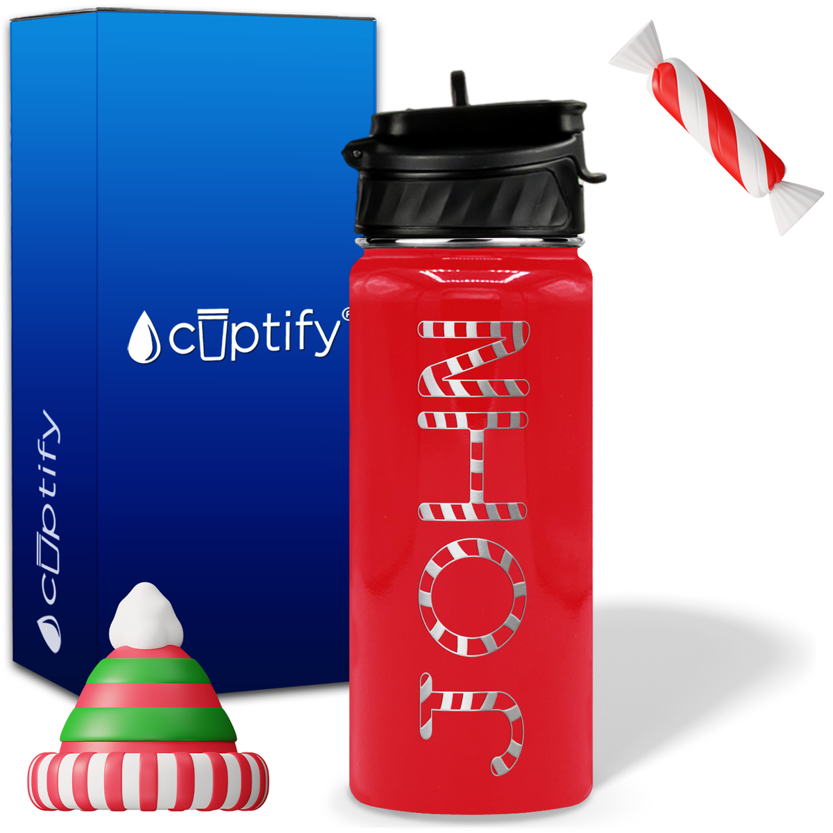 Personalized Candy Canes on 18oz Christmas Water Bottle