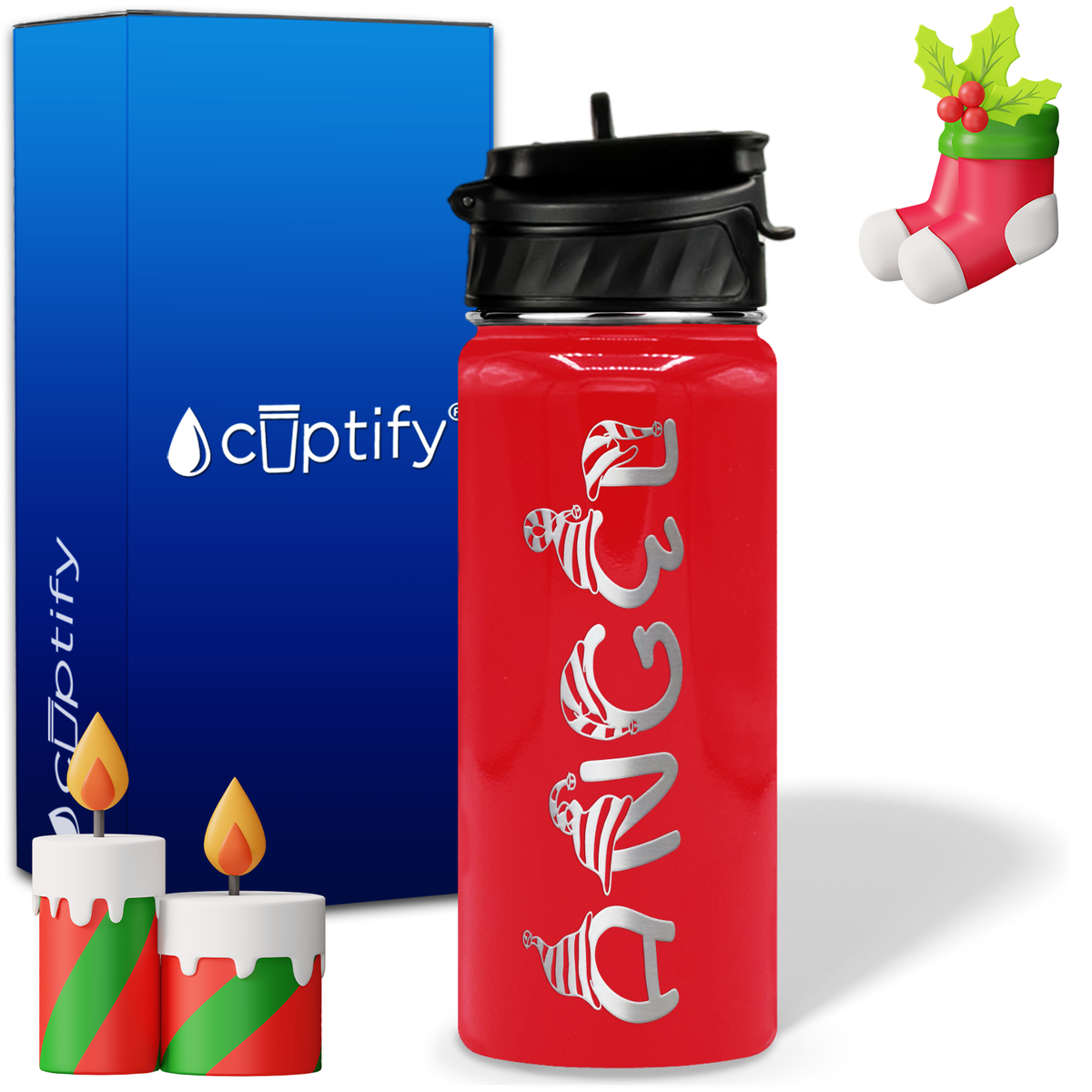 Elfen Christmas Font on 18oz Personalized Water Bottle