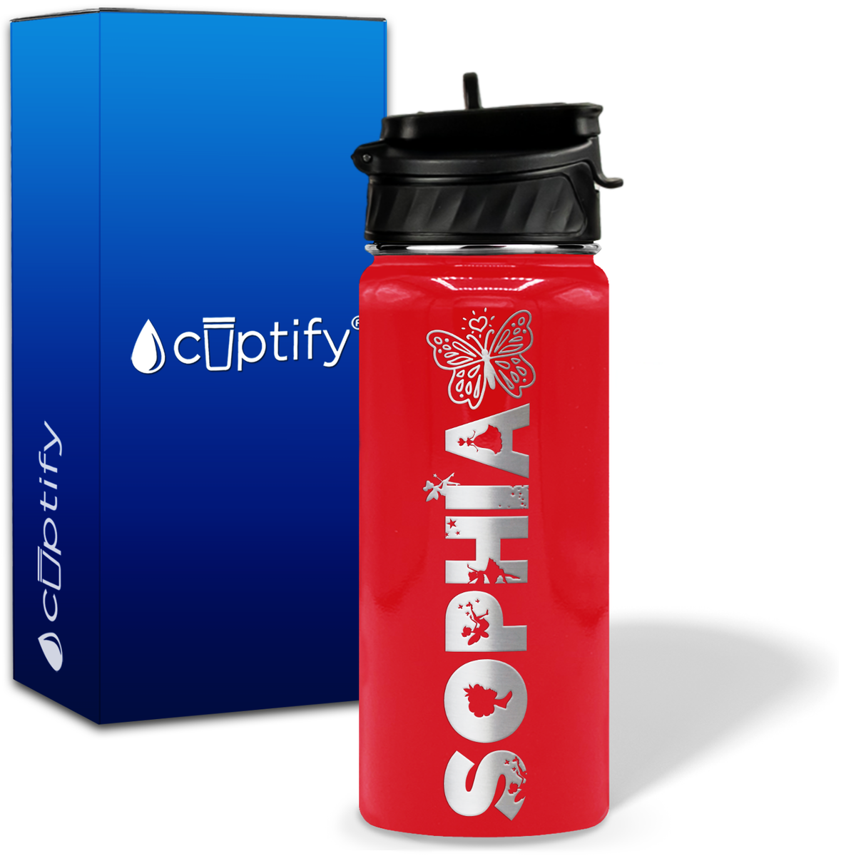 Personalized Heart Butterfly with Name and Icon on 18oz Wide Mouth Kids Water Bottle