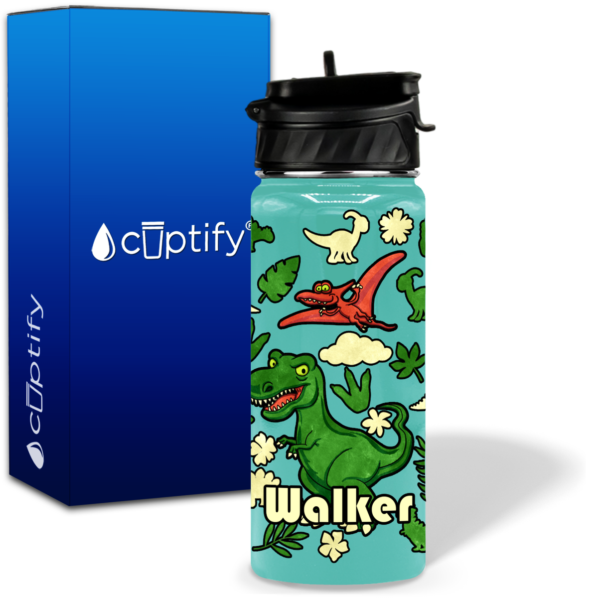 Green Dinosaur 18oz Personalized Kids Water Bottle