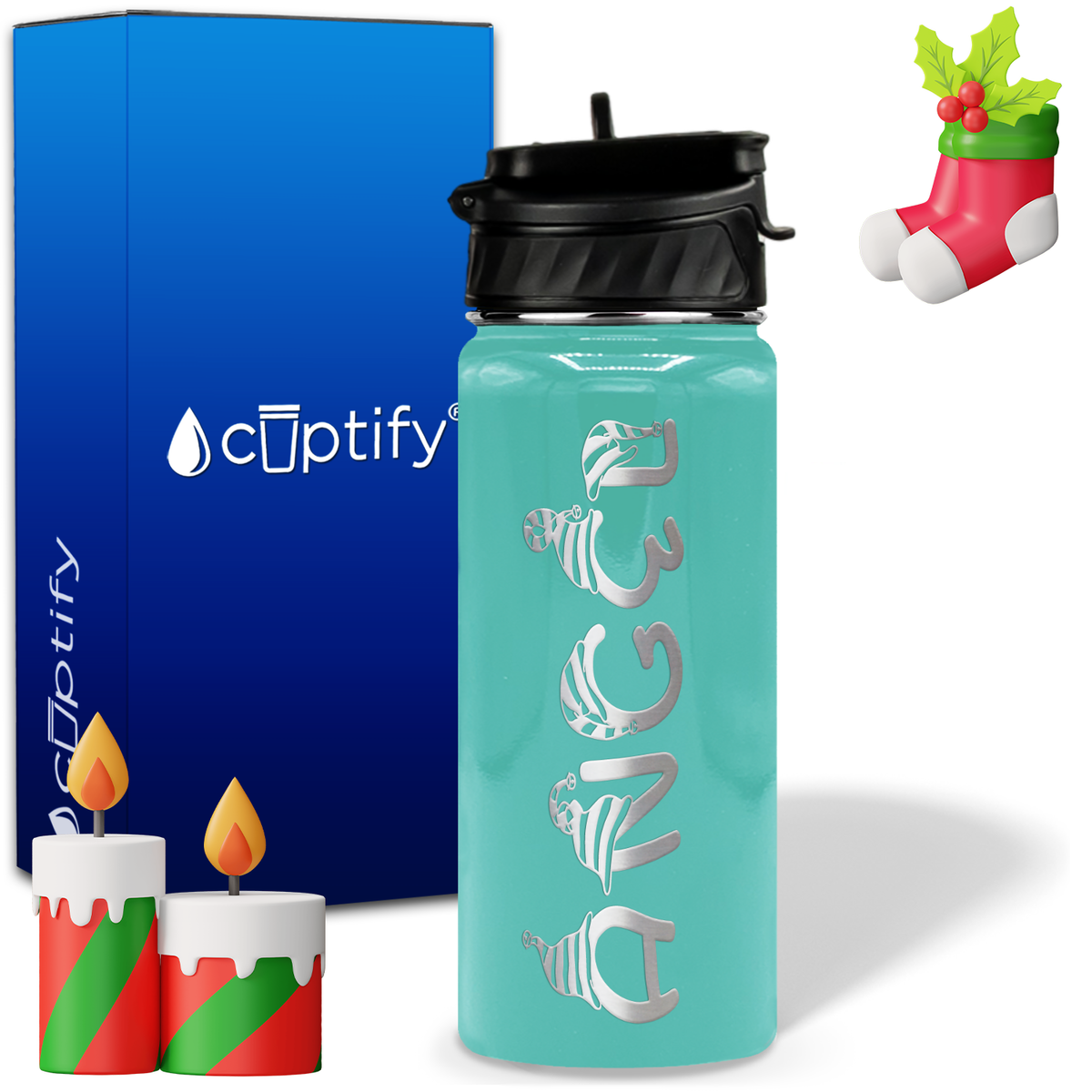 Elfen Christmas Font on 18oz Personalized Water Bottle