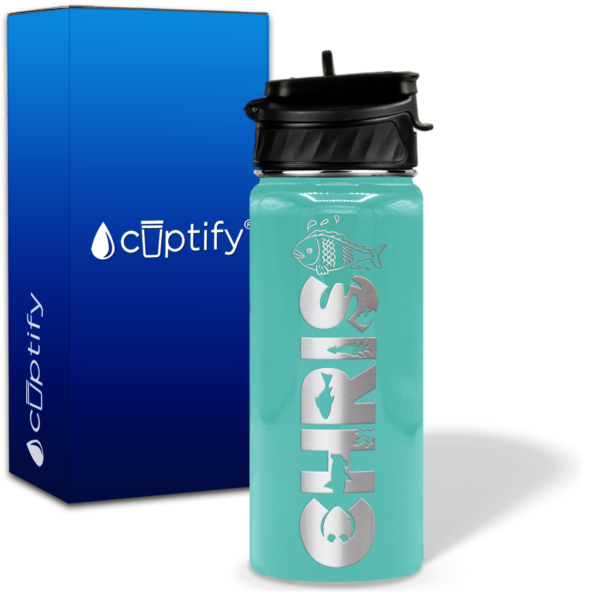 Personalized Fish with Name and Icon on 18oz Wide Mouth Kids Water Bottle