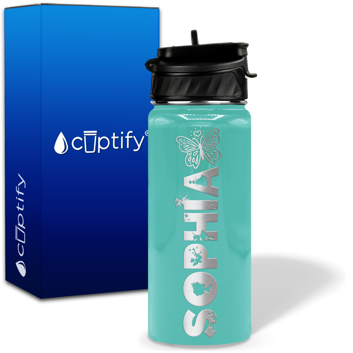 Personalized Heart Butterfly with Name and Icon on 18oz Wide Mouth Kids Water Bottle