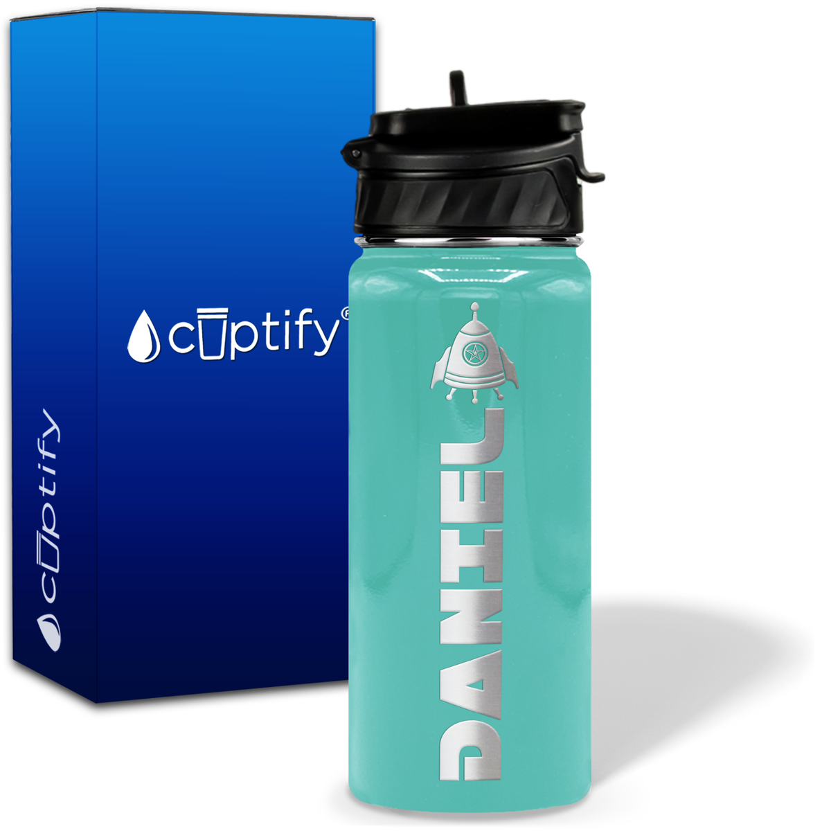 Personalized Space Ship with Name and Icon on 18oz Wide Mouth Kids Water Bottle